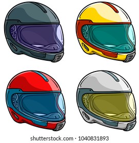 Cartoon colorful motorcycle racing protective sport helmet with arrow and clear glass visor. Isolated on white background. Vector icon set.