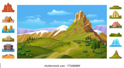 Cartoon colorful nature landscape template with snowy mountains green hills trees and different beautiful rock sceneries vector illustration