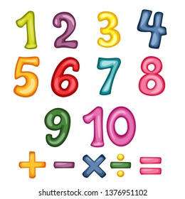 Cartoon Colorful Numbers from One to Ten and Mathematical Operations Isolated on White Background