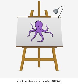 Cartoon colorful octopus on easel. Hand drawn vector illustration.