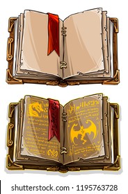 Cartoon colorful old open magic spell books with dragons, strange symbols and bookmark. Isolated on white background. Vector icon set.