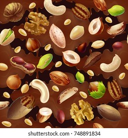 Cartoon colorful organic food seamless pattern with natural nuts on chocolate background vector illustration