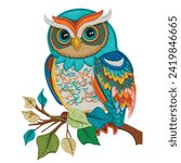 Cartoon colorful ornamental tapestry textured bright 3d owl on the branch . Embroidery animal background illustration with flowers, leaves, bird. Textured  embroidered decorative cartoon owl bird. 