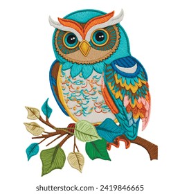 Cartoon colorful ornamental tapestry textured bright 3d owl on the branch . Embroidery animal background illustration with flowers, leaves, bird. Textured  embroidered decorative cartoon owl bird. 