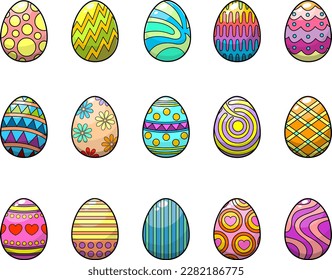 Cartoon Colorful Painted Easter Eggs. Vector Hand Drawn Collection Set Isolated On Transparent Background