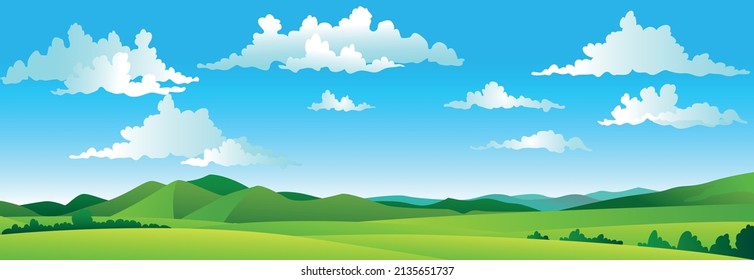 Cartoon colorful panorama of spring summer beautiful nature, green grasslands meadow with mountains on horizon background, summer mountain landscape, dawn over the valley. Vector illustration	