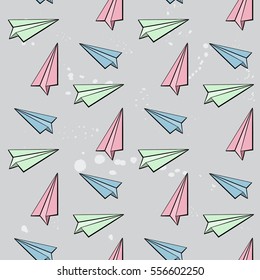 Cartoon colorful paper plan on gray background. Seamless pattern.