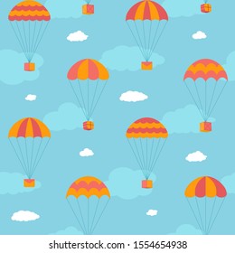 Cartoon colorful parachutes with boxes, mails, envelopes and gifts fly in the sky, seamless vector background with drop shipping among clouds in flat style.