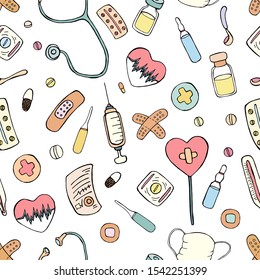 Cartoon colorful pattern with medical objects on a white background. Hand drawing cartoon vector illustration. Medical seamless pattern. EPS10