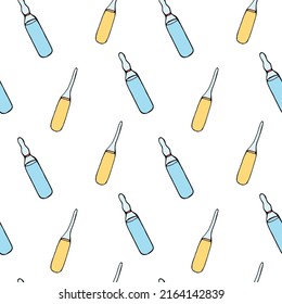Cartoon colorful pattern with medical objects  ampoules  on a white background. Hand drawing cartoon vector illustration. Medical seamless pattern.