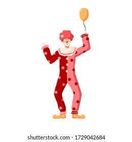 Cartoon colorful person wearing clown costume vector flat illustration. Funny circus character in bright apparel with air balloon isolated on white. Smiling person in wig and greasepaint