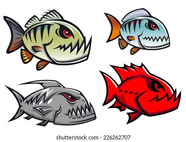 Cartoon colorful piranha fish characters with sharp jagged teeth in different designs, vector illustration