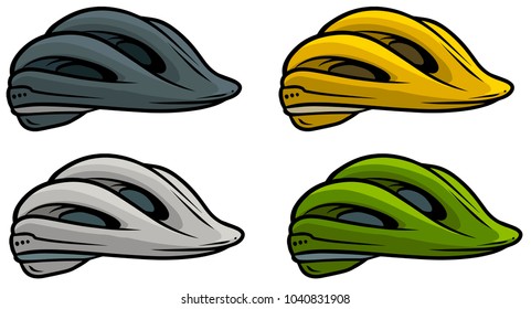 Cartoon colorful plastic protective bicycle helmet. Isolated on white background. Vector icon set.