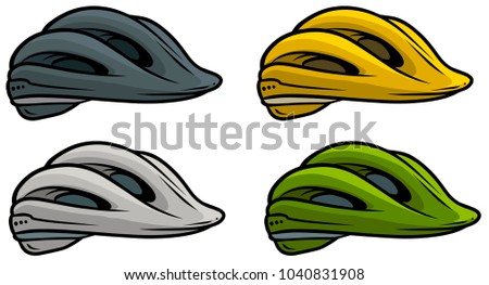 Cartoon colorful plastic protective bicycle helmet. Isolated on white background. Vector icon set.