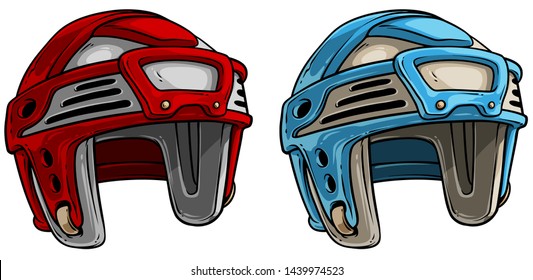 Cartoon colorful plastic protective ice hockey helmet. Isolated on white background. Vector icon set.