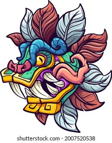 Caricatura colorida cabeza de dios azteca Quetzalcoatl con lengua saliendo. Ilustración de imágenes prediseñadas vectoriales con gradientes simples. Todo en una sola capa. 
