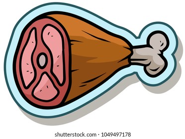 Cartoon colorful raw ham meat isolated on white background. Vector sticker icon.