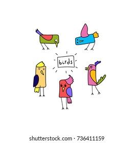 Cartoon colorful rectangular birds set. Color illustration. Funny characters.