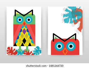 Cartoon colorful red and green colored owl design for annual report, brochure, flyer, poster. Colorful owl background vector illustration for flyer, leaflet, poster. Abstract A4 brochure template.