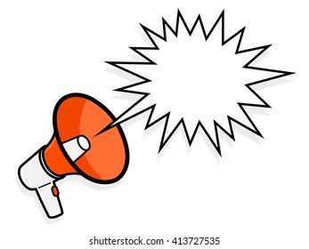 Cartoon colorful red megaphone or bullhorn with spiky blanks speech bubble copy space for your text to show a loud amplified voice shouting, vector illustration