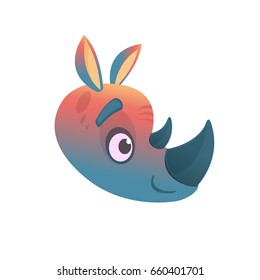 Cartoon colorful rhino head icon. Flat Bright Color Simplified Vector Illustration In Fun Cartoon Style Design. Design for poster, emblem, logo, print, sticker or icon
