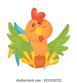 Cartoon colorful rooster sitting. Vector illustration on a white background.