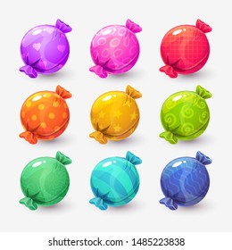 Cartoon colorful round wrapped candies. Vector sweets icons set. Colorful assets for web or game design.