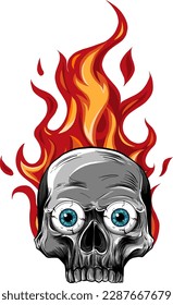 Cartoon colorful scary human skull with flames Isolated on white background vector illustration design