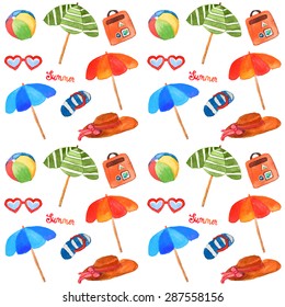 Cartoon colorful seamless background of summer watercolor elements, watercolor pattern of  vacation holiday stuff: beach umbrella, suitcase, sunglasses, ball, spanking