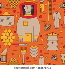 Cartoon colorful seamless beekeeping pattern with bees, honeycomb, protection clothes, tools and beehives in line style. Vector illustration.