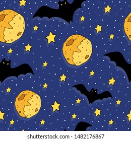 Cartoon colorful seamless festive pattern with bat, moon, decorative elements on a neutral background. vector. Halloween. 