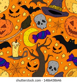 Cartoon colorful seamless festive pattern thematic elements on a neutral background. vector. Halloween. 