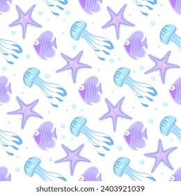 Cartoon colorful seamless pattern with sea animals. Childish seamless pattern with underwater life for kids bedding, fabric, wallpaper, wrapping paper, textile, t-shirt print.