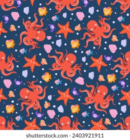 Cartoon colorful seamless pattern with sea animals. Childish seamless pattern with underwater life for kids bedding, fabric, wallpaper, wrapping paper, textile, t-shirt print.