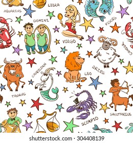 Cartoon colorful seamless pattern of twelve funny Zodiac signs and stars on a white background. 