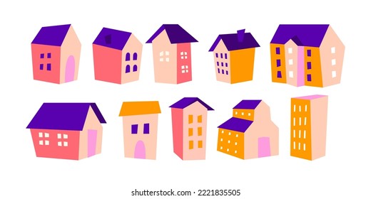 Cartoon colorful set of buildings, vector house illustrations isolated, landscape maker