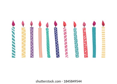 Cartoon colorful set of festive candles for birthday. Party background with colored isolated on white. for packaging, paper, textiles. Hand drawing style.
