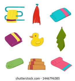 Cartoon colorful set of hand and bath fabric towels and duck.