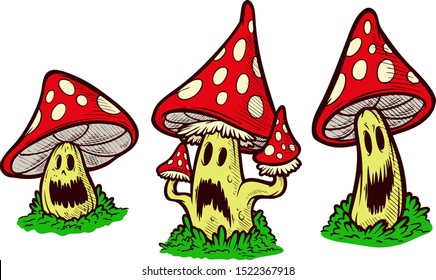 
Cartoon  colorful set of poisonous dangerous fly agaric. Isolated on a white background. Vector illustration.