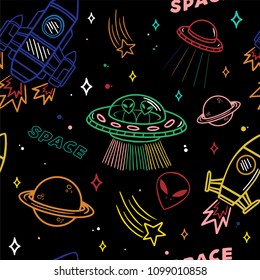 Cartoon colorful set seamless line pattern with UFO aliens spaceship planet stars on dark background. Modern vector illustration print for street wear brand clothes t shirt sweatshirt poster sticker.