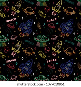 Cartoon colorful set seamless line pattern with UFO aliens spaceship planet stars on dark background. Modern vector illustration print for street wear brand clothes t shirt sweatshirt poster sticker.