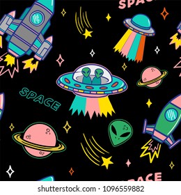 Cartoon colorful set seamless pattern with UFO aliens spaceship planet and stars on dark background. Modern vector illustration print for street wear brand clothes t shirt sweatshirt poster 
sticker.