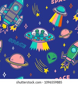 Cartoon colorful set seamless pattern with UFO aliens spaceship planet and stars on dark background. Modern vector illustration print for street wear brand clothes t shirt sweatshirt poster sticker. 