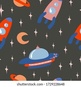 Cartoon colorful set seamless pattern with UFO rocket spaceship moon and stars on dark background. Wallpaper, print, packaging, paper, textile design. flat Vector illustration