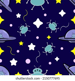 Cartoon colorful set seamless pattern with UFO aliens spaceship and stars on dark background. Suitable for Modern illustration print for street wear brand clothes tshirt sweatshirt poster sticker.