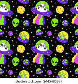 Cartoon colorful set seamless pattern with UFO alien cat. 