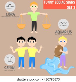Cartoon colorful set of three isolated funny Zodiac signs. Horoscope. 
