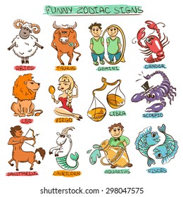 Cartoon colorful set of twelve isolated funny Zodiac signs. 