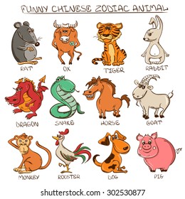 Dibujo colorido conjunto de doce divertidos y aislados signos de animales zodiacos chinos.