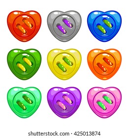  Cartoon colorful sewing buttons set, heart shape vector buttons, isolated on white
